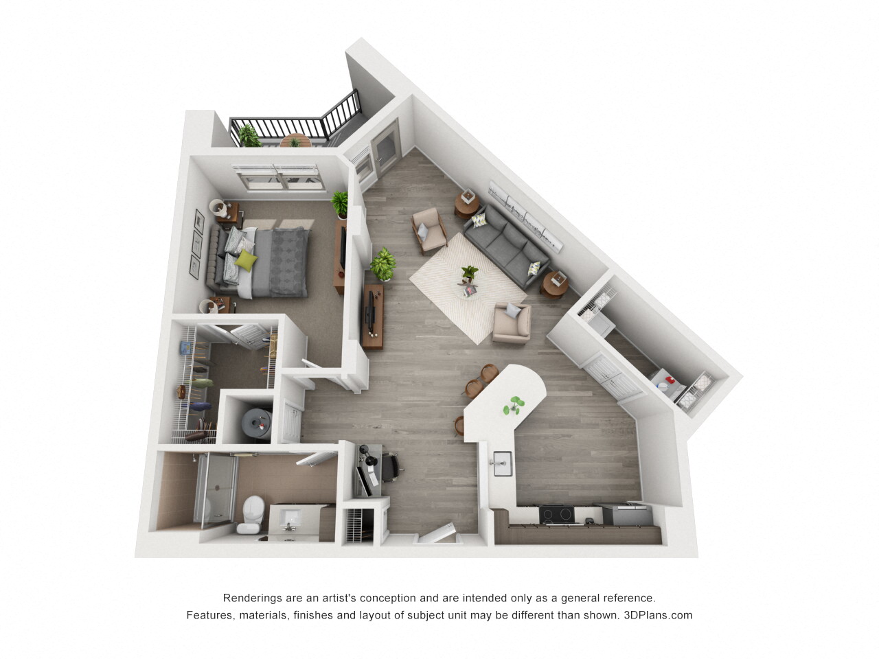 Floor plan for 1 bed, 1 bath, 923 sqft